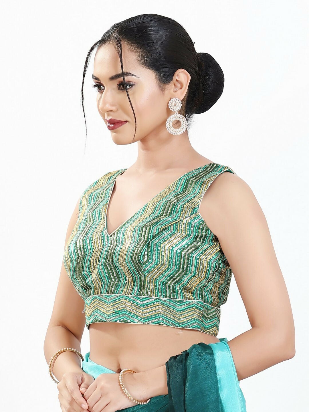 R.Green-Multi Silk V-Neck Sleeveless Padded Designer Blouse