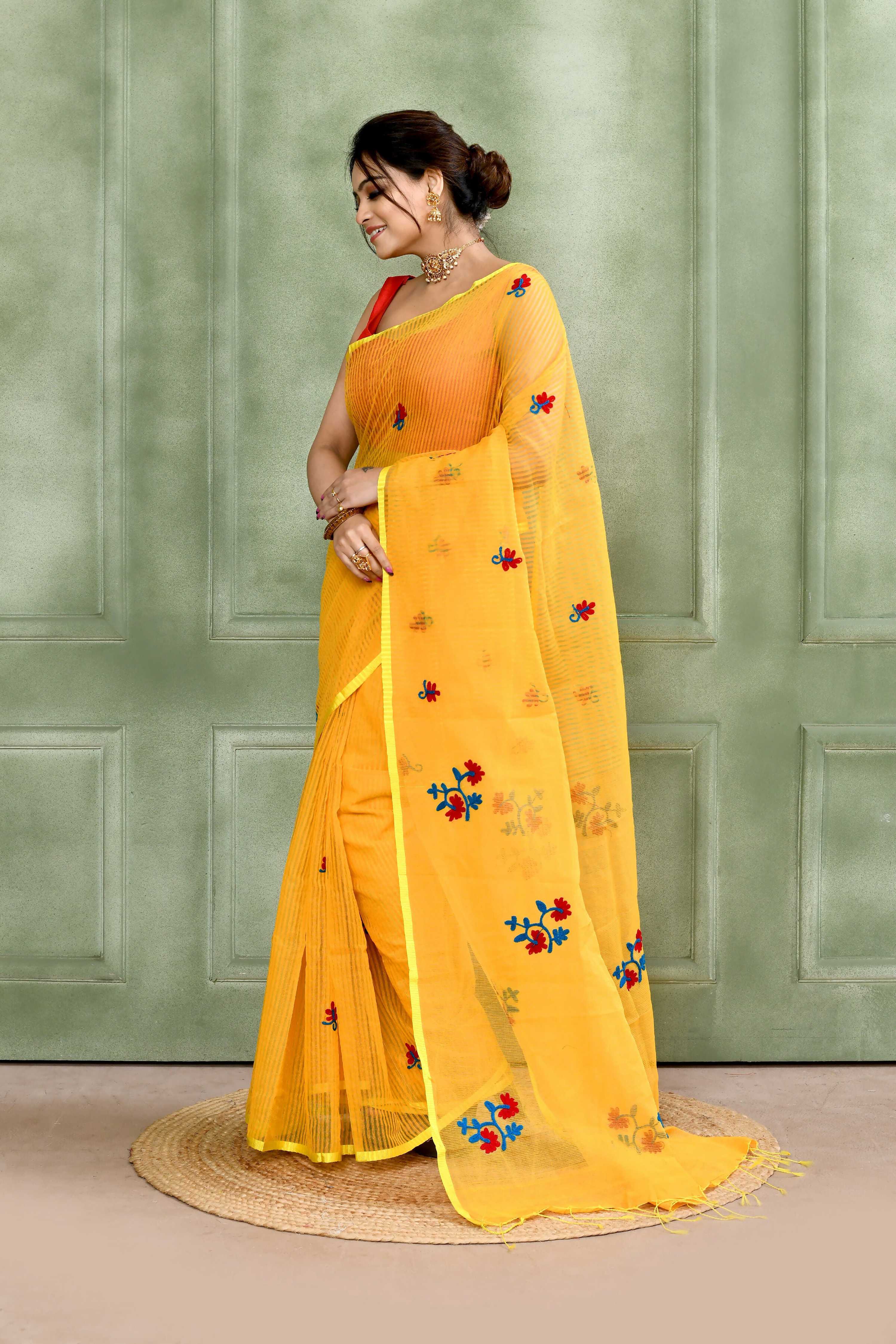 Yellow Embellished Cotton Blend Embroidery Saree