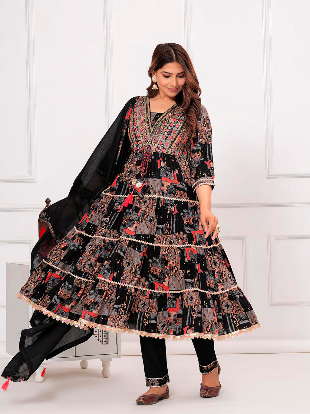 Hiral Fashion premium black embroidered and printed kurta set with matching pants and dupatta