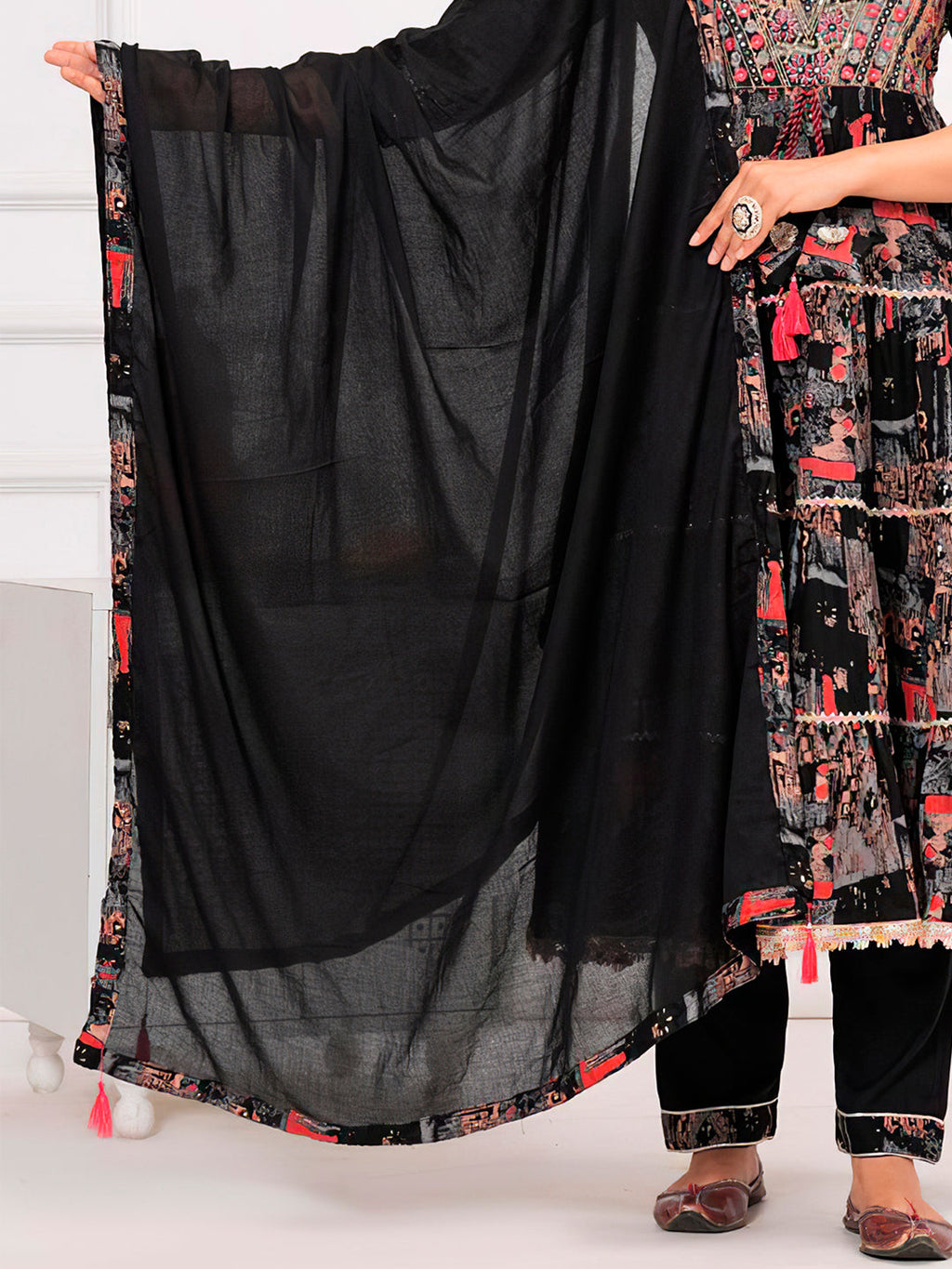 Luxury Black Embroidered & Printed Kurta Set with Pant & Dupatta