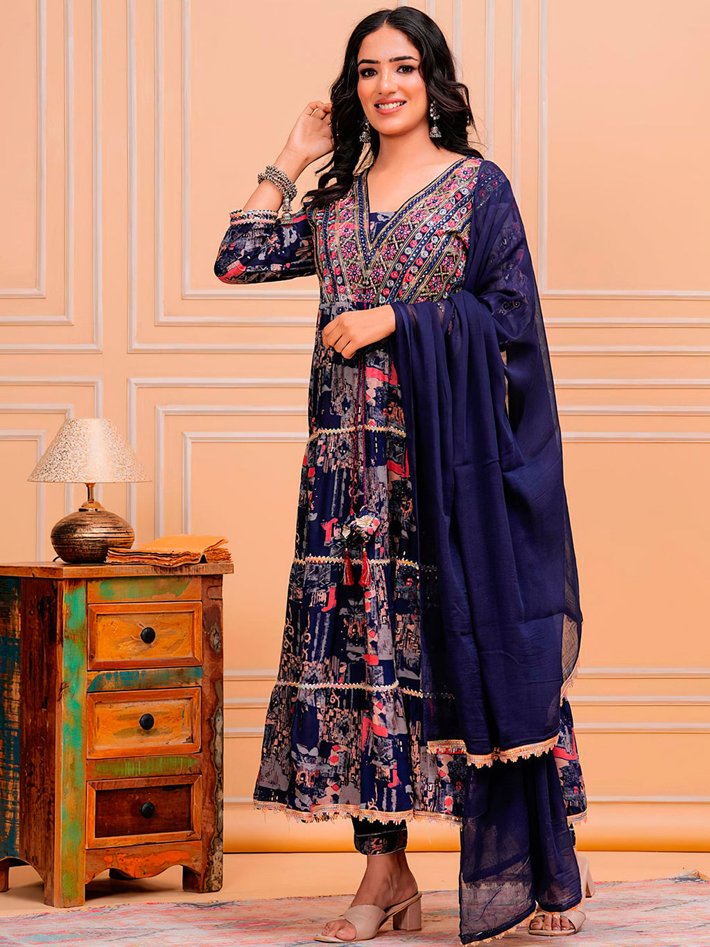 Navy Blue Embroidered & Printed Kurta with Pant and Dupatta Set