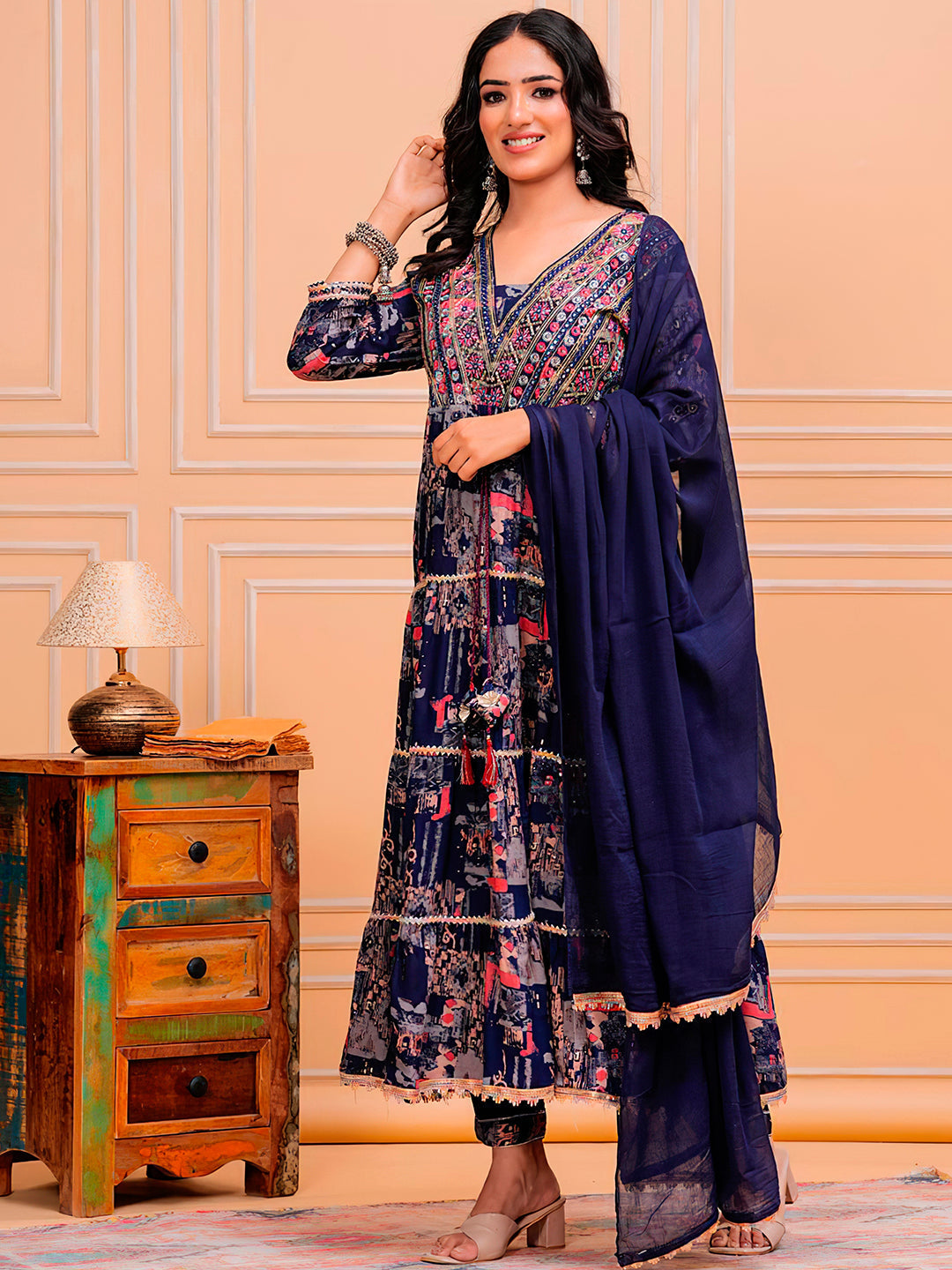 Navy Blue Embroidered & Printed Kurta with Pant and Dupatta Set