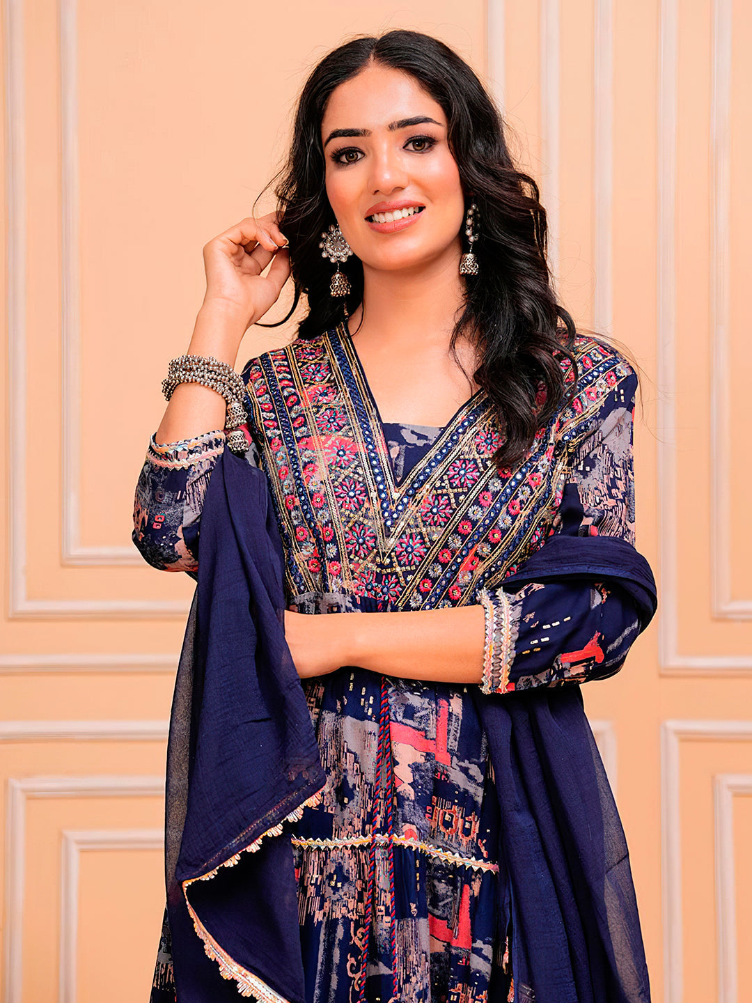 Navy Blue Embroidered & Printed Kurta with Pant and Dupatta Set