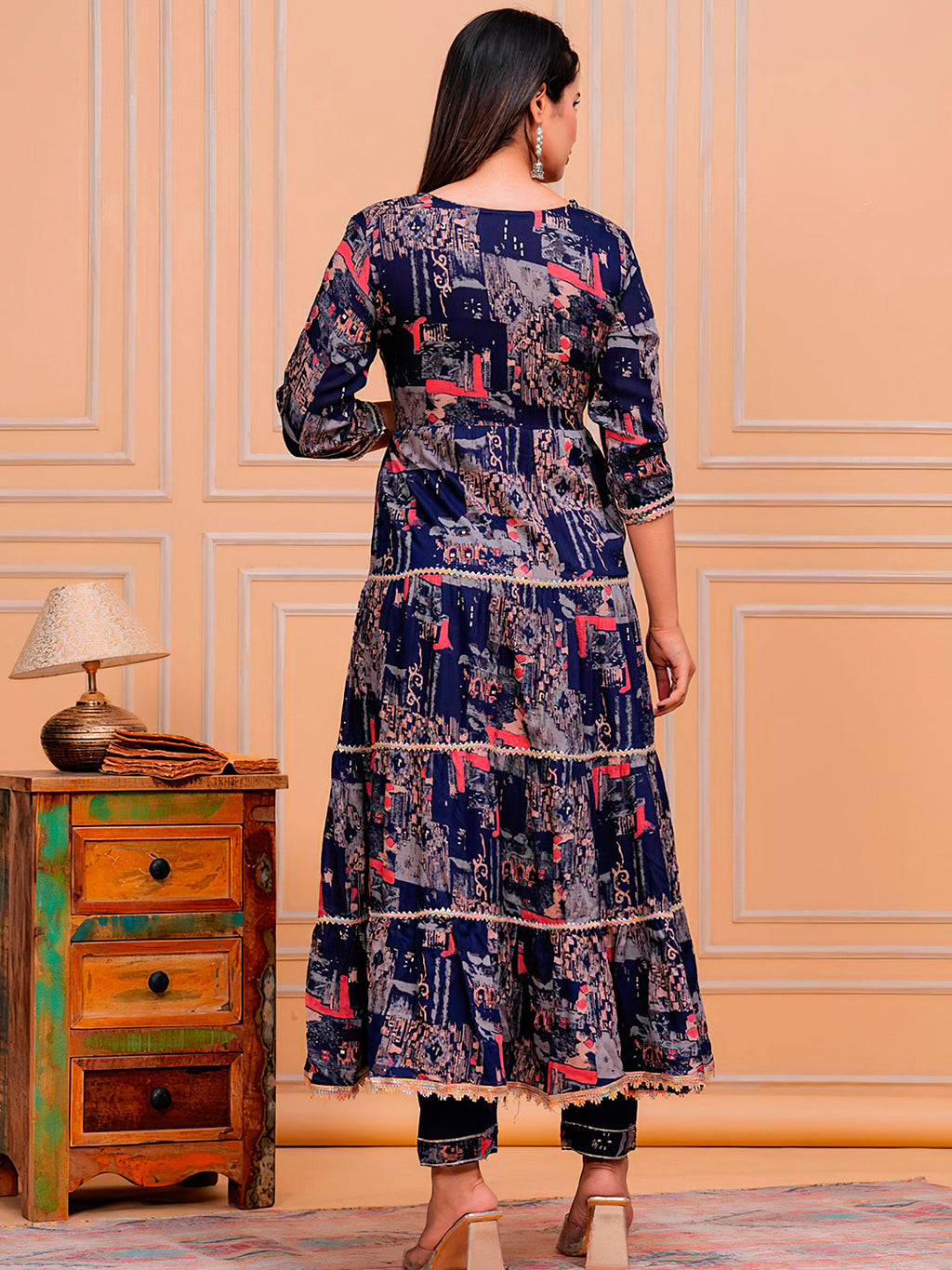 Navy Blue Embroidered & Printed Kurta with Pant and Dupatta Set