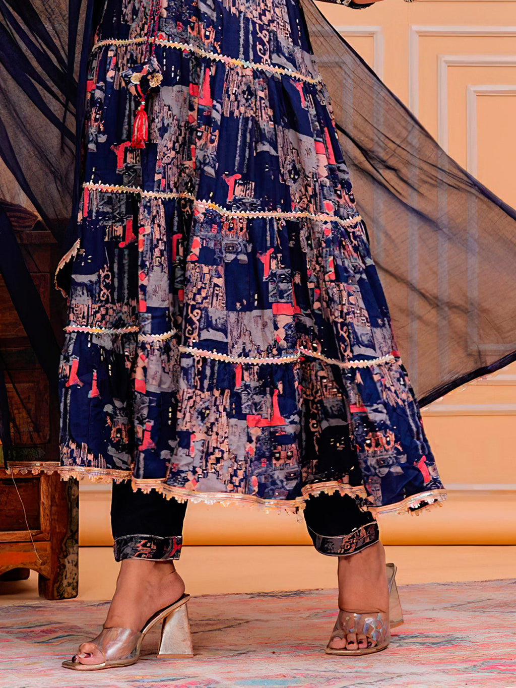 Navy Blue Embroidered & Printed Kurta with Pant and Dupatta Set