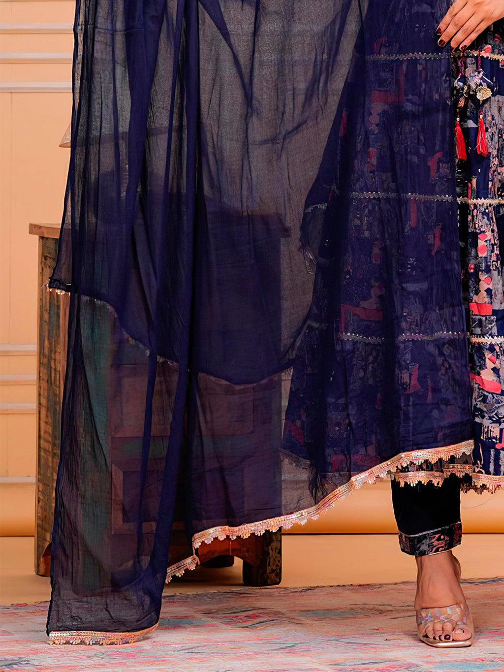 Navy Blue Embroidered & Printed Kurta with Pant and Dupatta Set