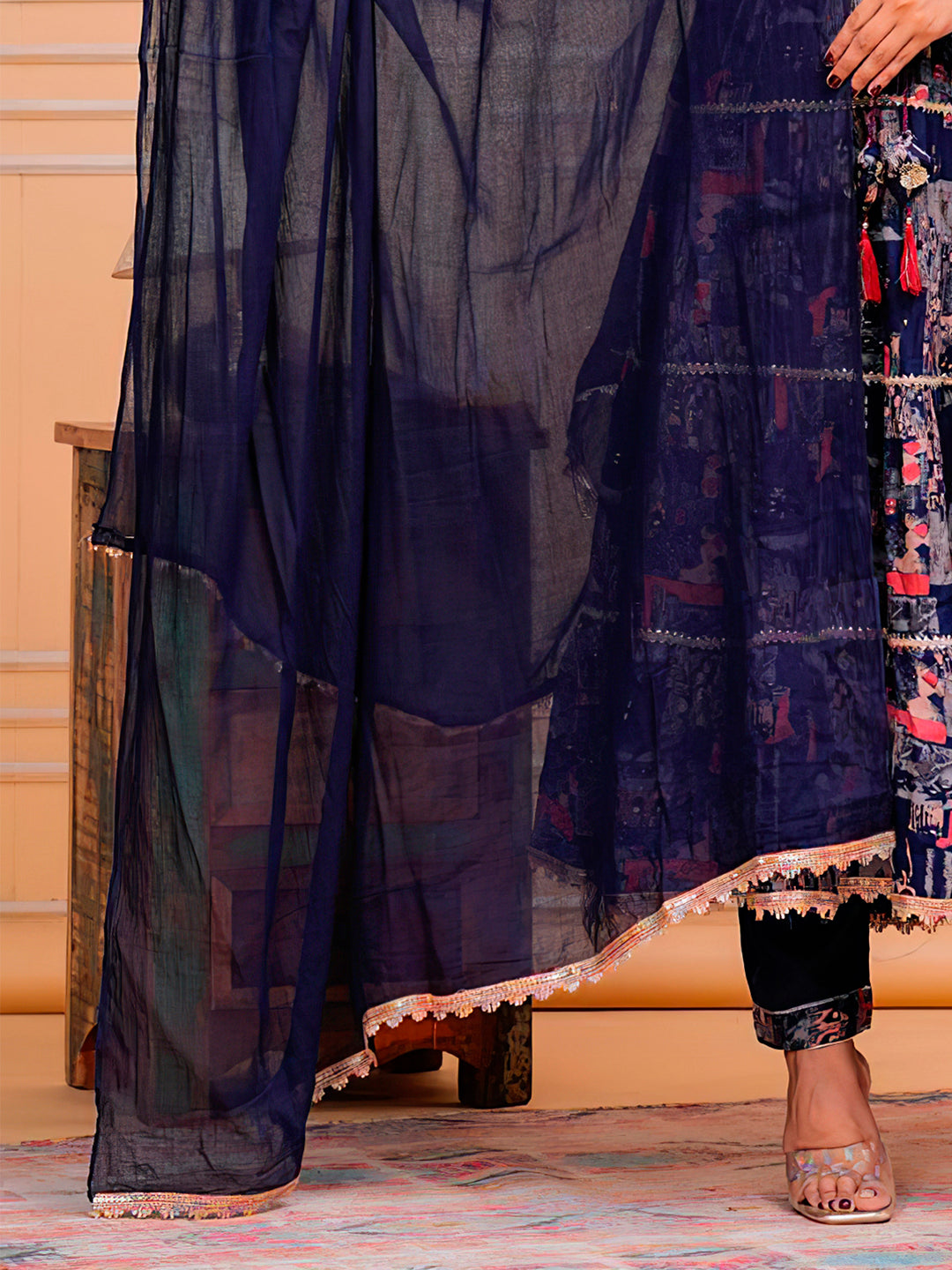 Navy Blue Embroidered & Printed Kurta with Pant and Dupatta Set