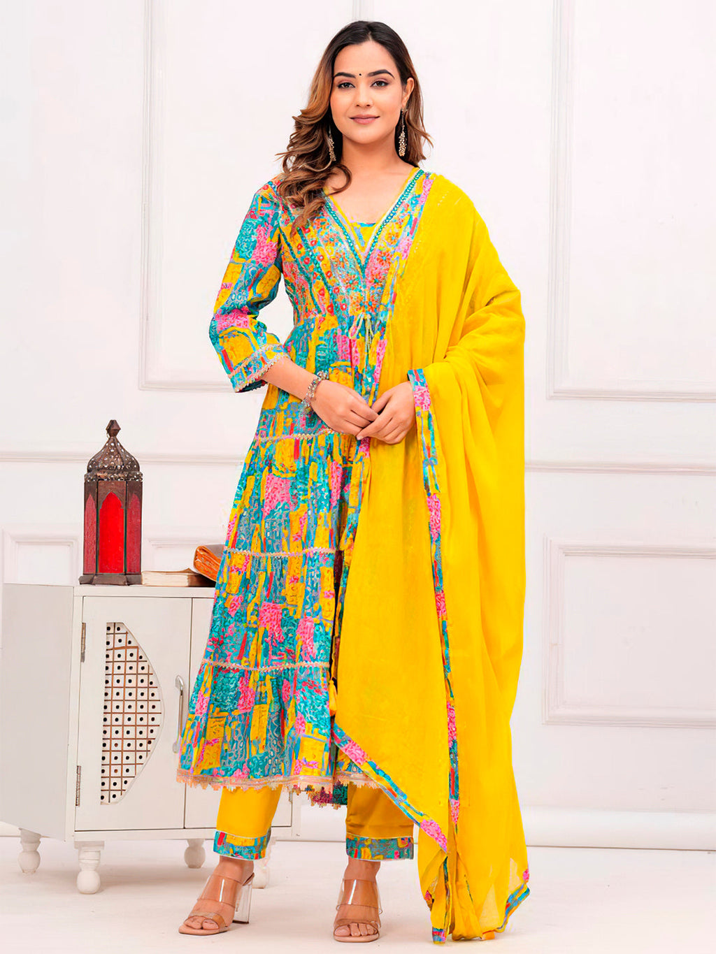 Multicoloured Flared Kurta Set with Pant and Dupatta