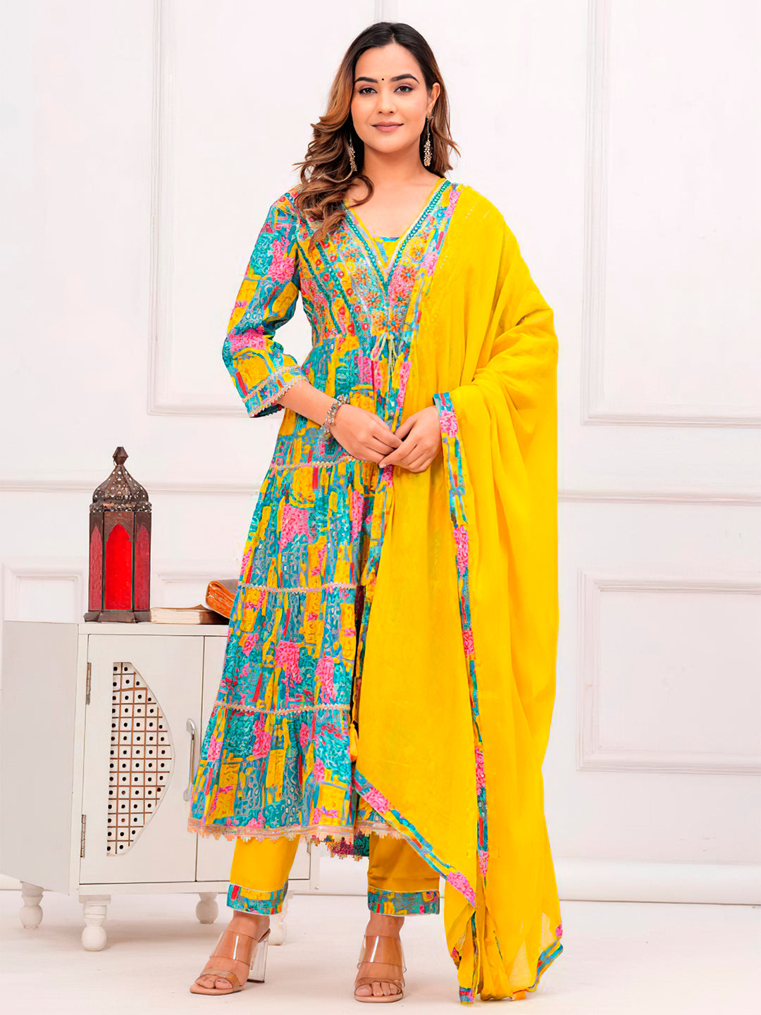 Multicoloured Flared Kurta Set with Pant and Dupatta