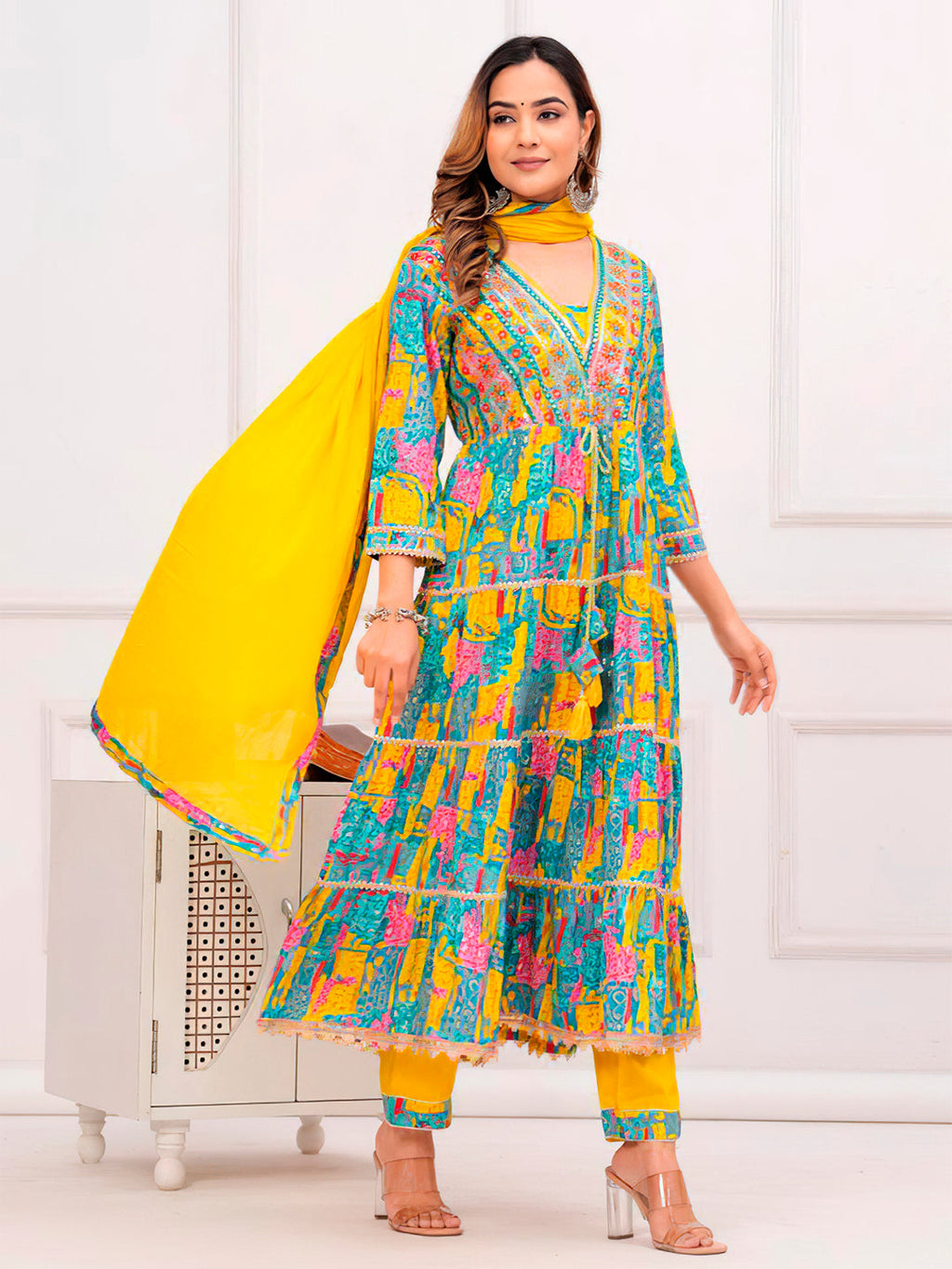 Multicoloured Flared Kurta Set with Pant and Dupatta