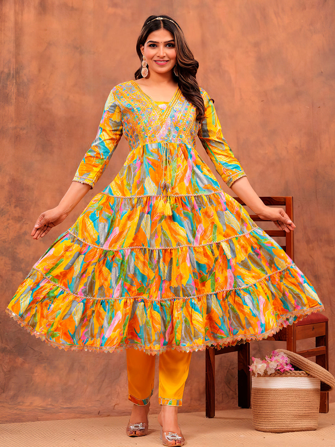 Embroidered Multicoloured Flared Kurta Set in Yellow