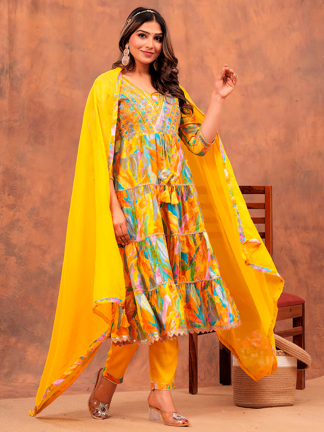 Embroidered Multicoloured Flared Kurta Set in Yellow