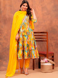 Embroidered Multicoloured Flared Kurta Set in Yellow
