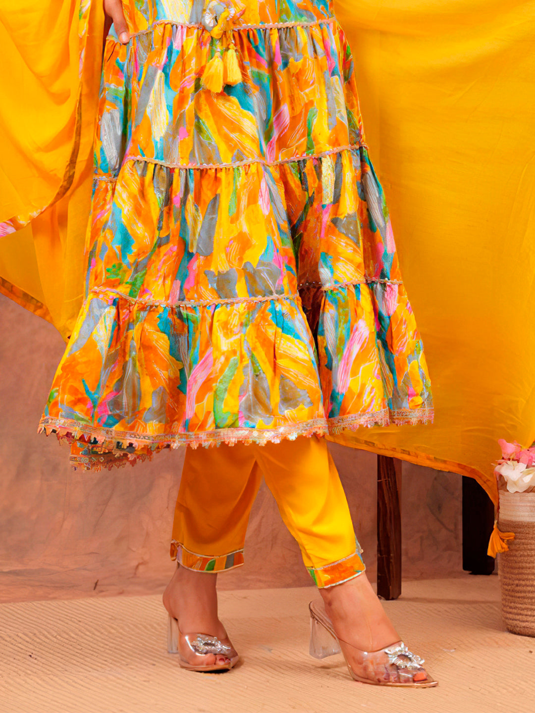 Embroidered Multicoloured Flared Kurta Set in Yellow
