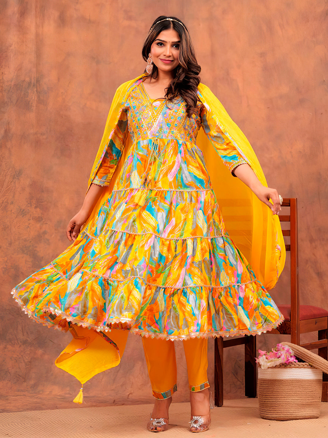 Embroidered Multicoloured Flared Kurta Set in Yellow
