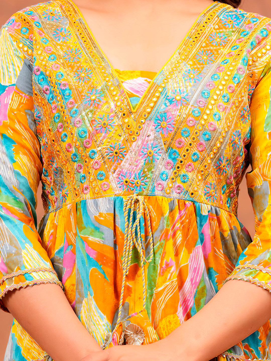 Embroidered Multicoloured Flared Kurta Set in Yellow