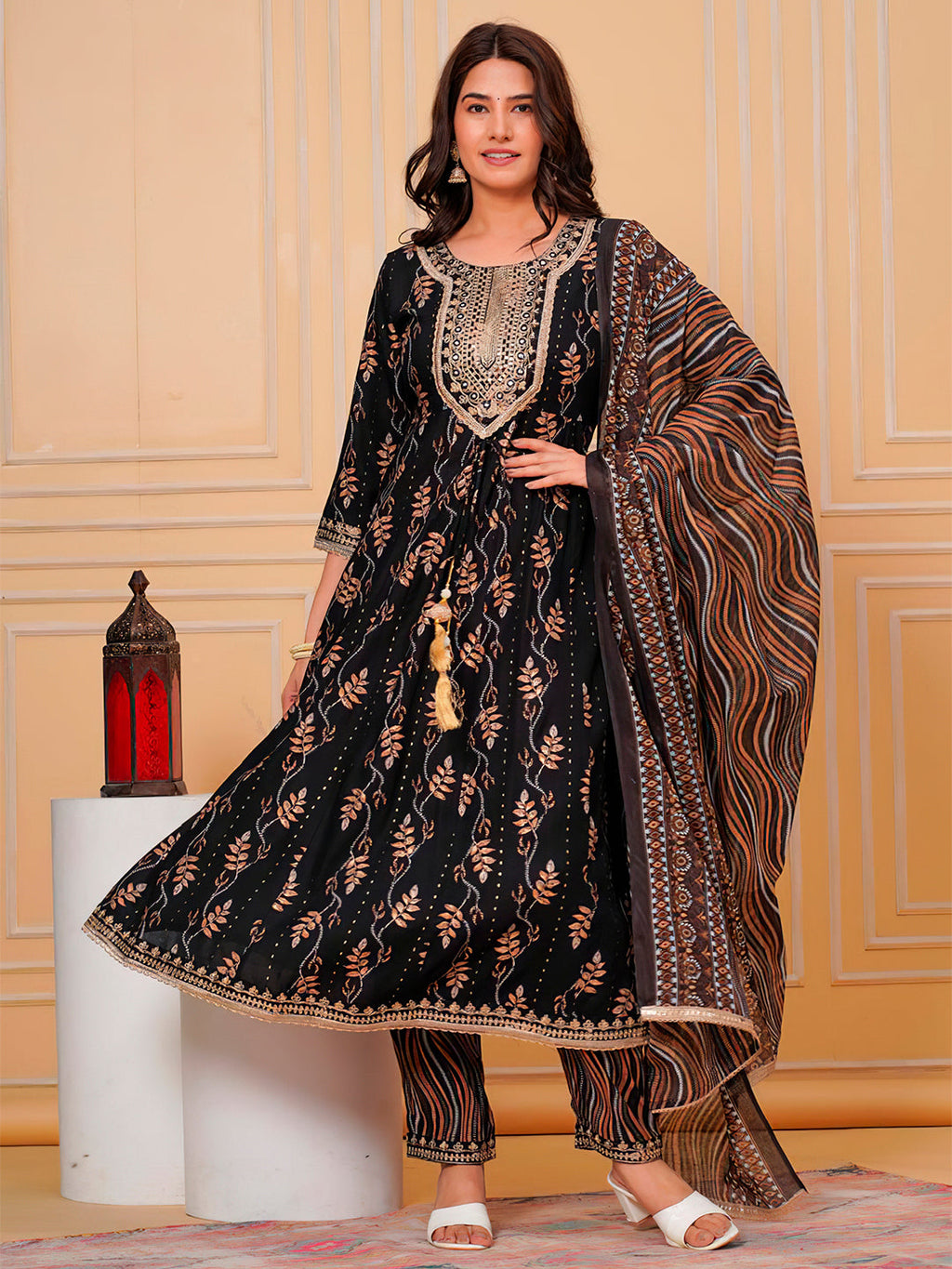 Black Embroidered & Leaf Printed Flared Kurta Set