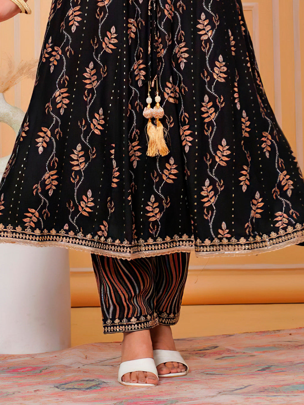 Black Embroidered & Leaf Printed Flared Kurta Set