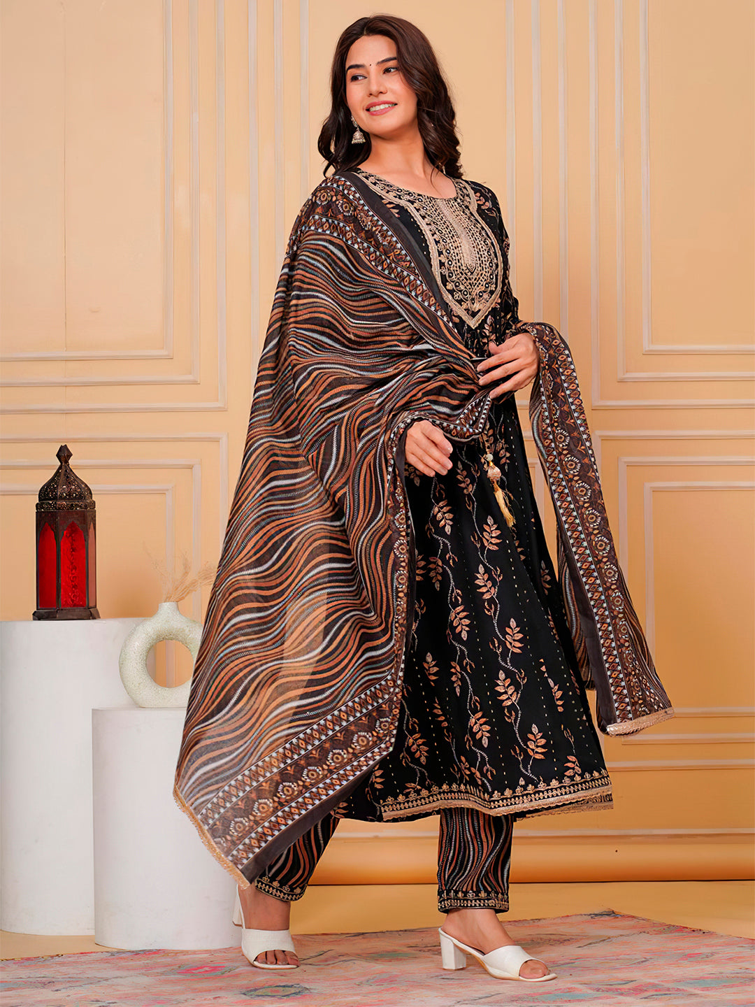 Black Embroidered & Leaf Printed Flared Kurta Set
