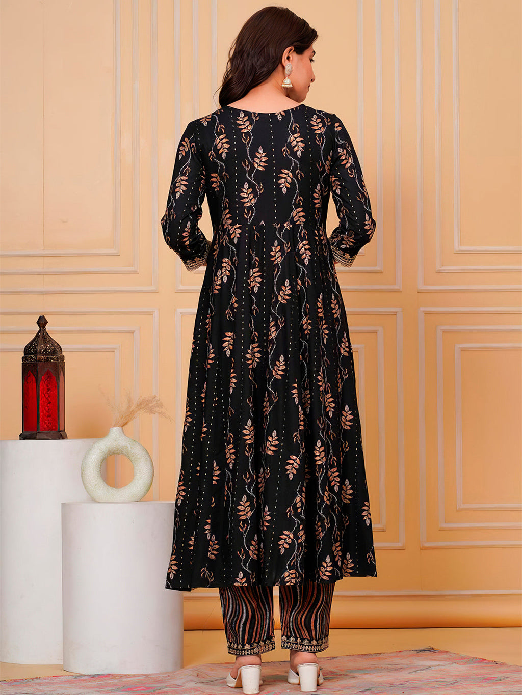 Black Embroidered & Leaf Printed Flared Kurta Set