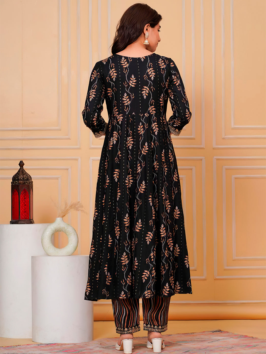 Black Embroidered & Leaf Printed Flared Kurta Set