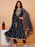 Navy Blue Embroidered & Leaf Printed Flared Kurta Set with Dupatta