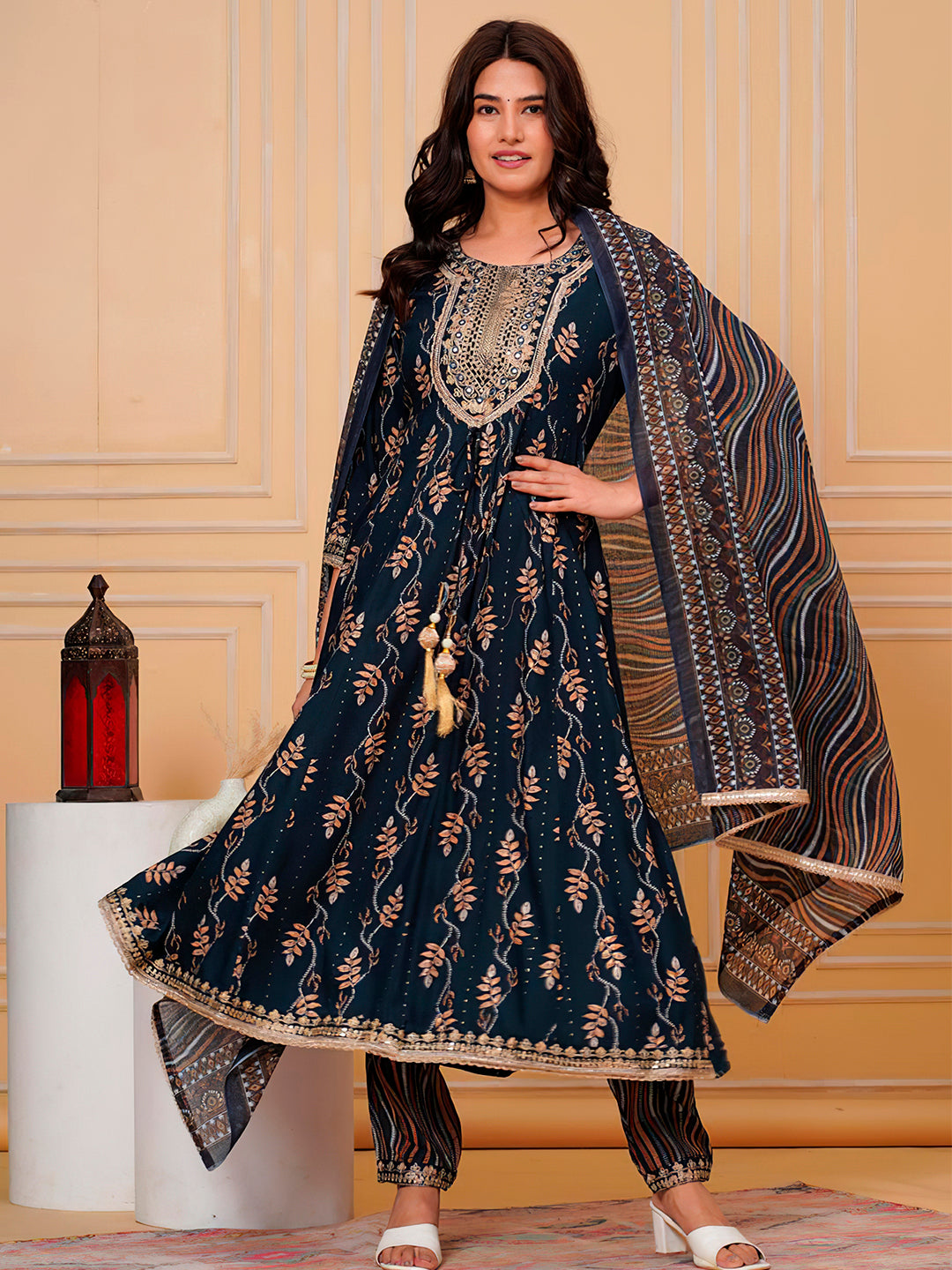 Navy Blue Embroidered & Leaf Printed Flared Kurta Set with Dupatta