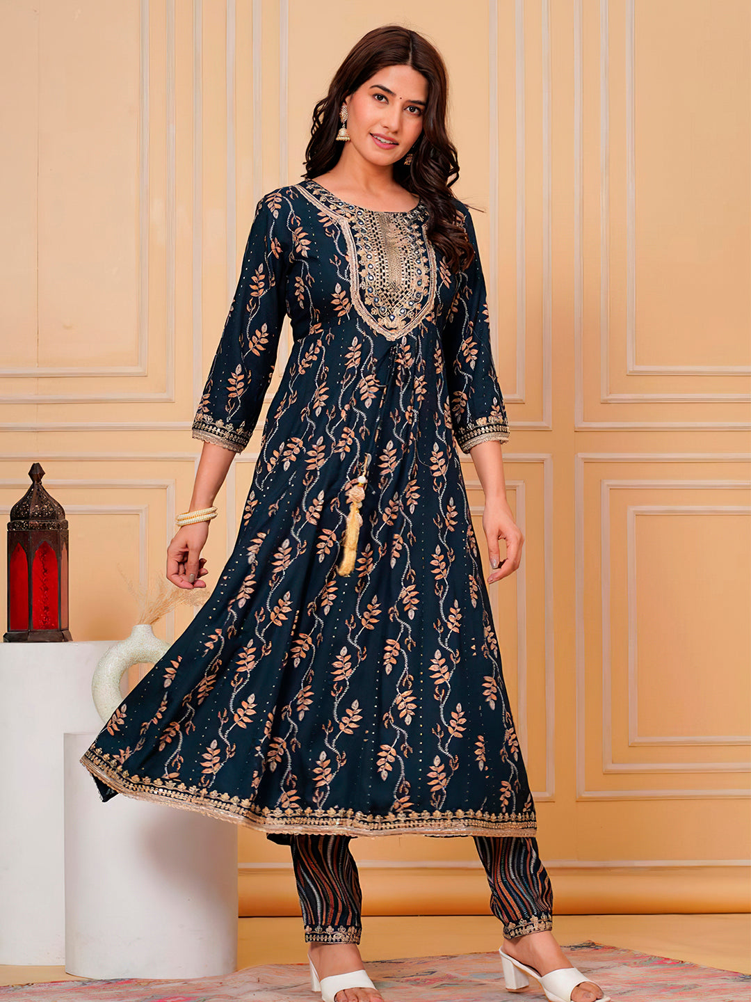 Navy Blue Embroidered & Leaf Printed Flared Kurta Set with Dupatta