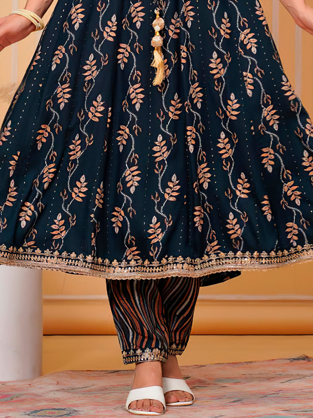 Navy Blue Embroidered & Leaf Printed Flared Kurta Set with Dupatta