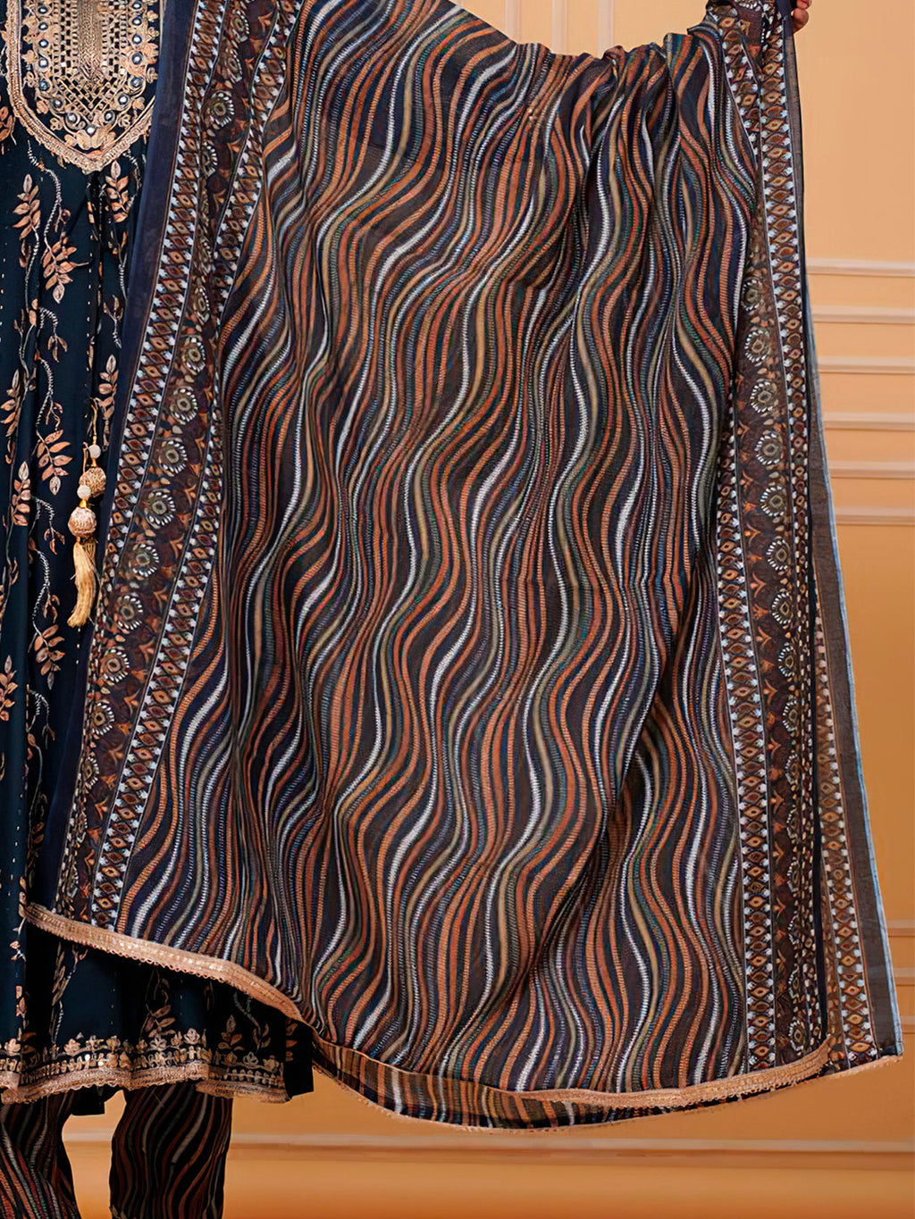 Navy Blue Embroidered & Leaf Printed Flared Kurta Set with Dupatta