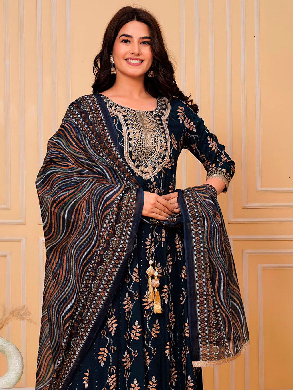 Navy Blue Embroidered & Leaf Printed Flared Kurta Set with Dupatta