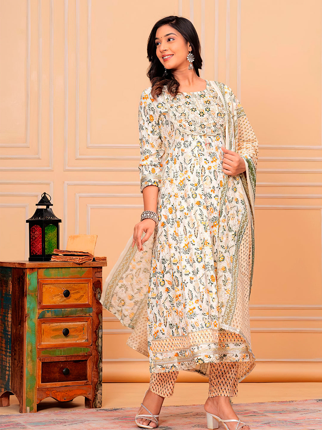 Yellow Botanical Printed Flared Kurta Set with Pant and Dupatta