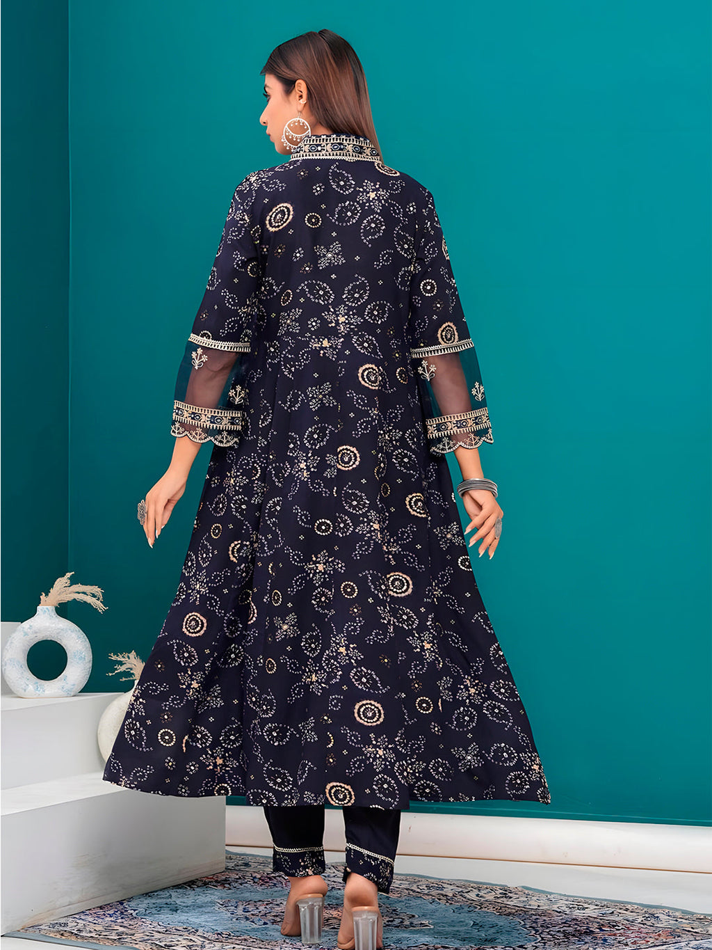 Navy Blue Rayon Kurta Set with Bandhani Print and Embroidery