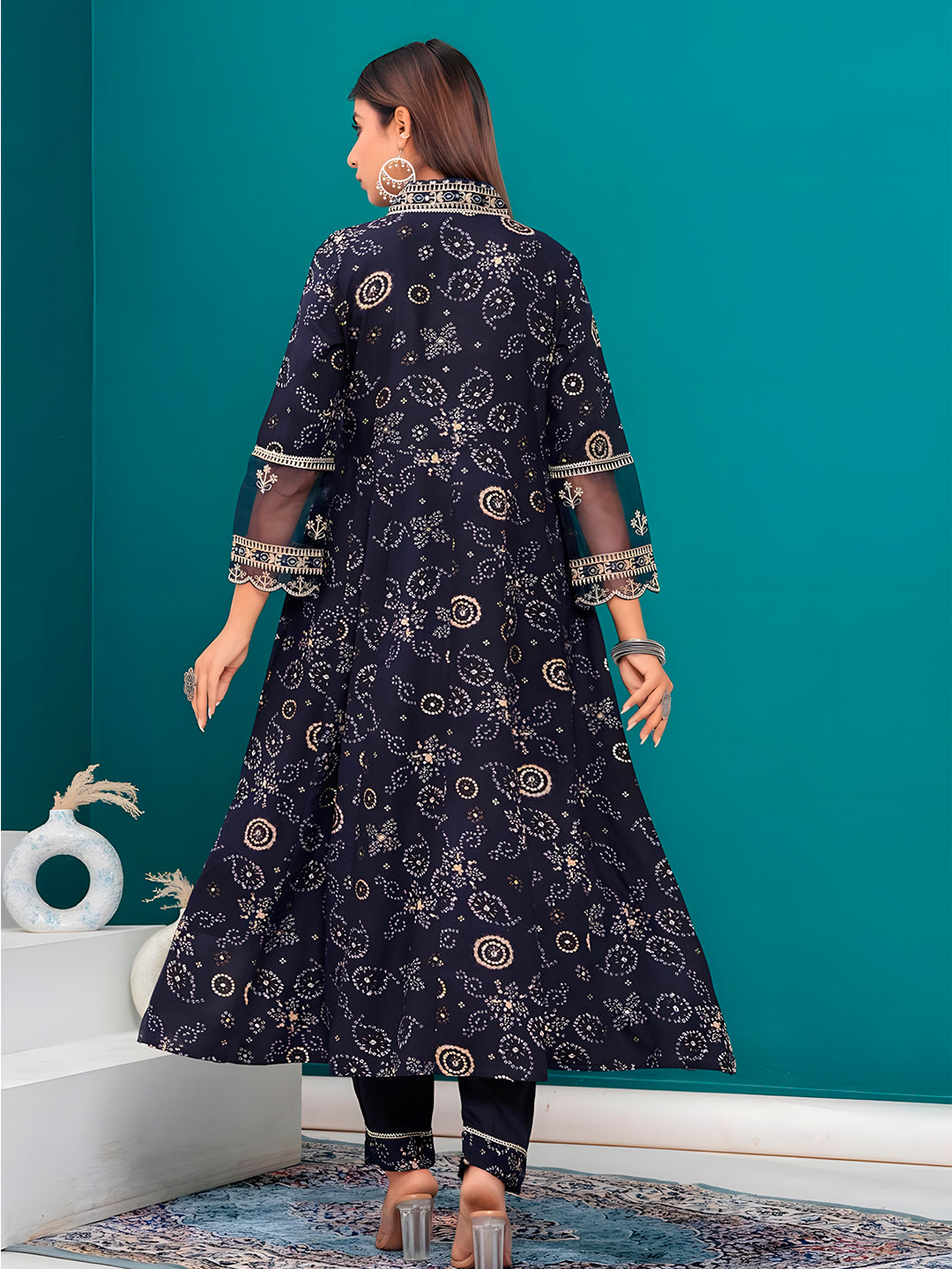 Navy Blue Rayon Kurta Set with Bandhani Print and Embroidery