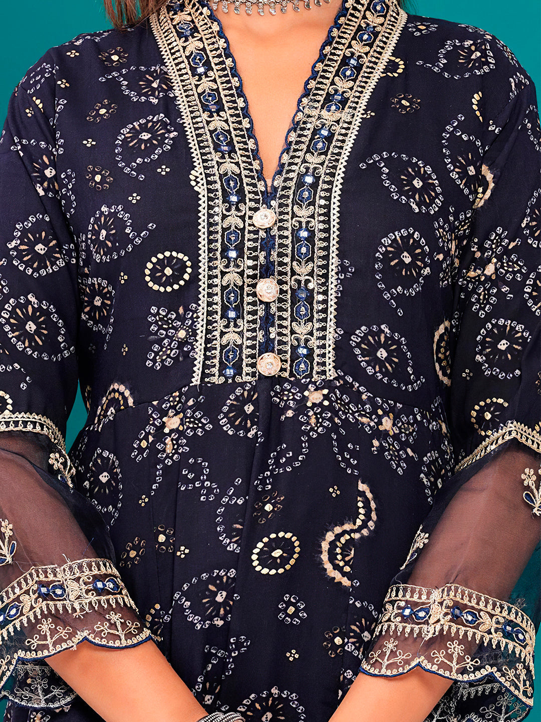 Navy Blue Rayon Kurta Set with Bandhani Print and Embroidery