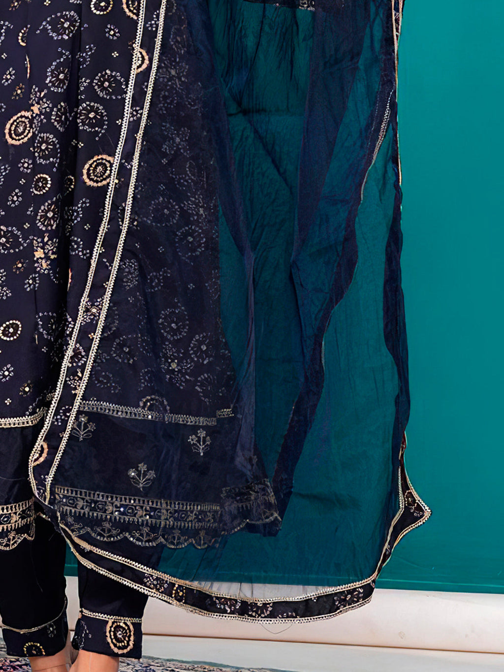 Navy Blue Rayon Kurta Set with Bandhani Print and Embroidery