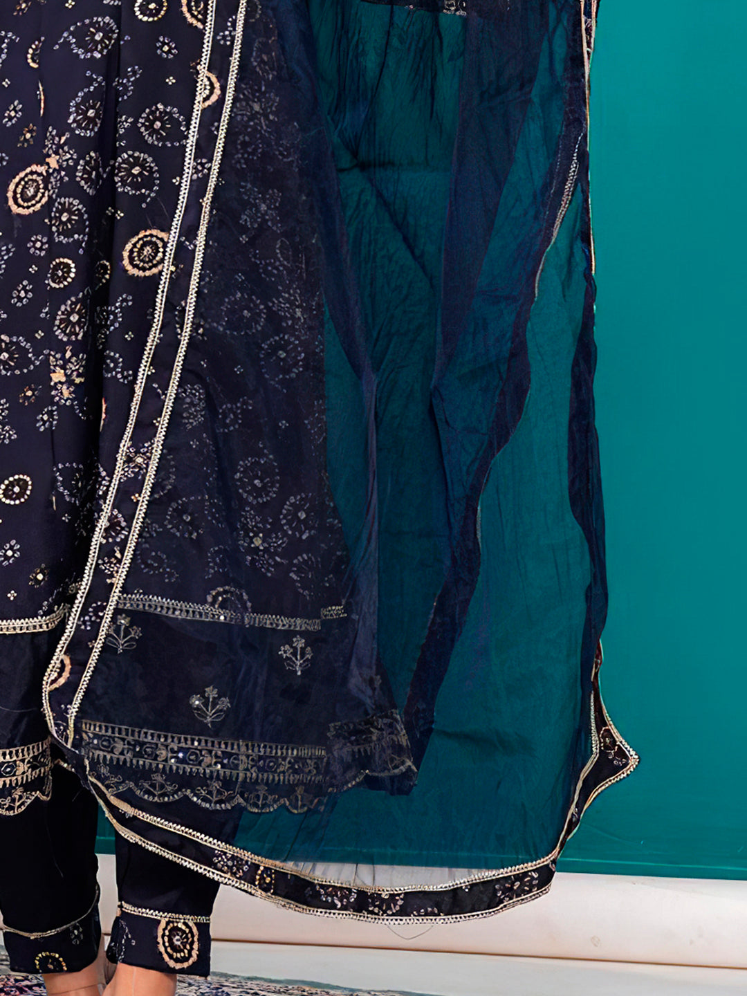 Navy Blue Rayon Kurta Set with Bandhani Print and Embroidery