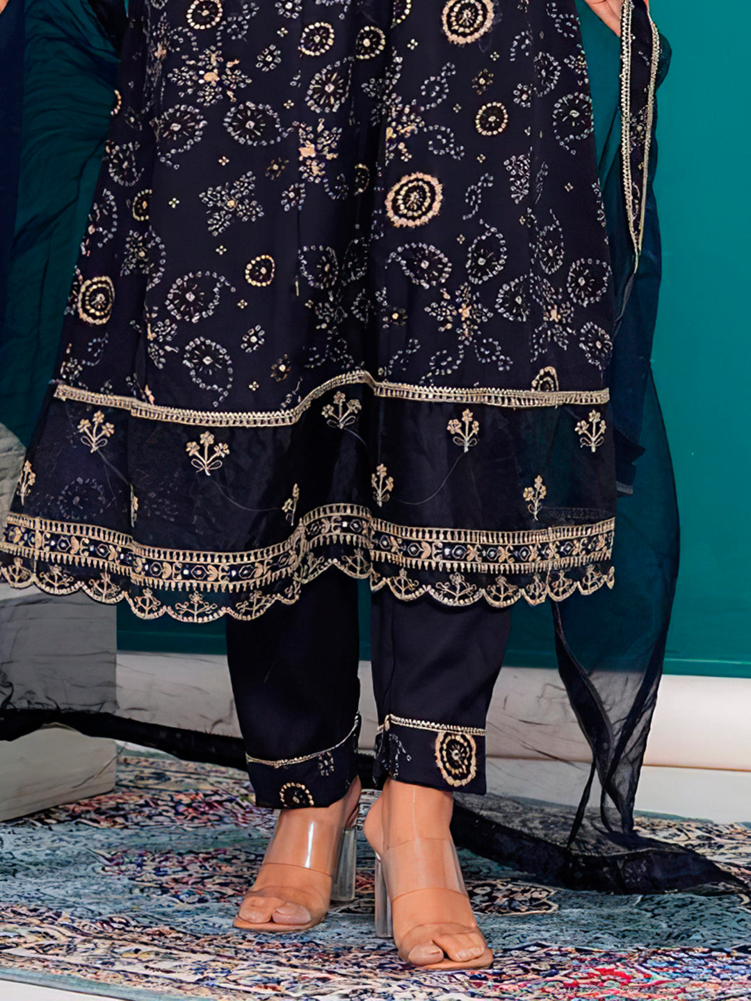 Navy Blue Rayon Kurta Set with Bandhani Print and Embroidery