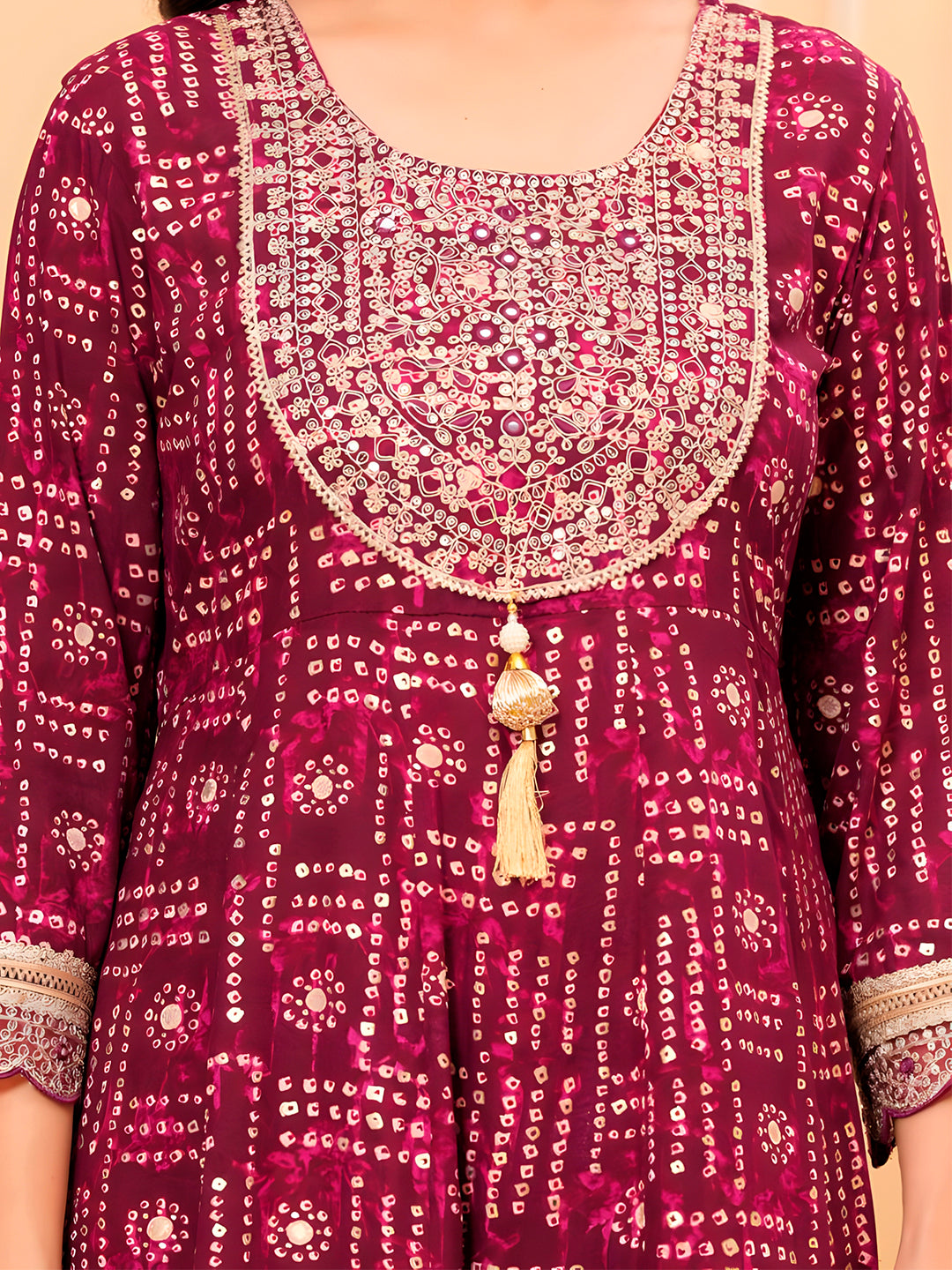 Purple Embroidered and Bandhani Printed Kurta Set
