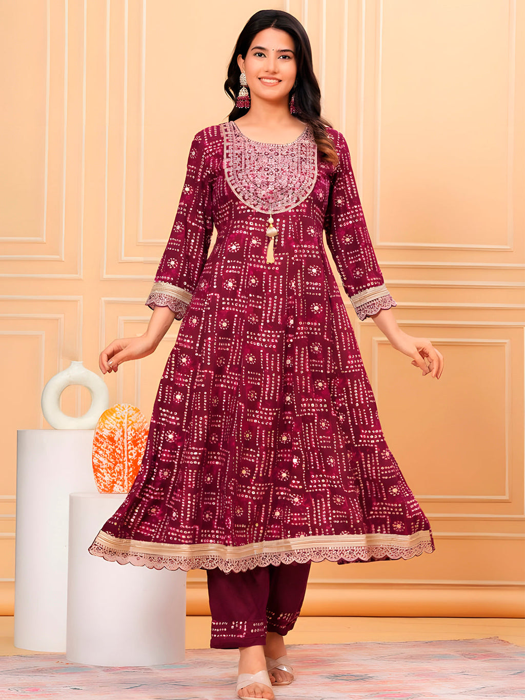 Purple Embroidered and Bandhani Printed Kurta Set