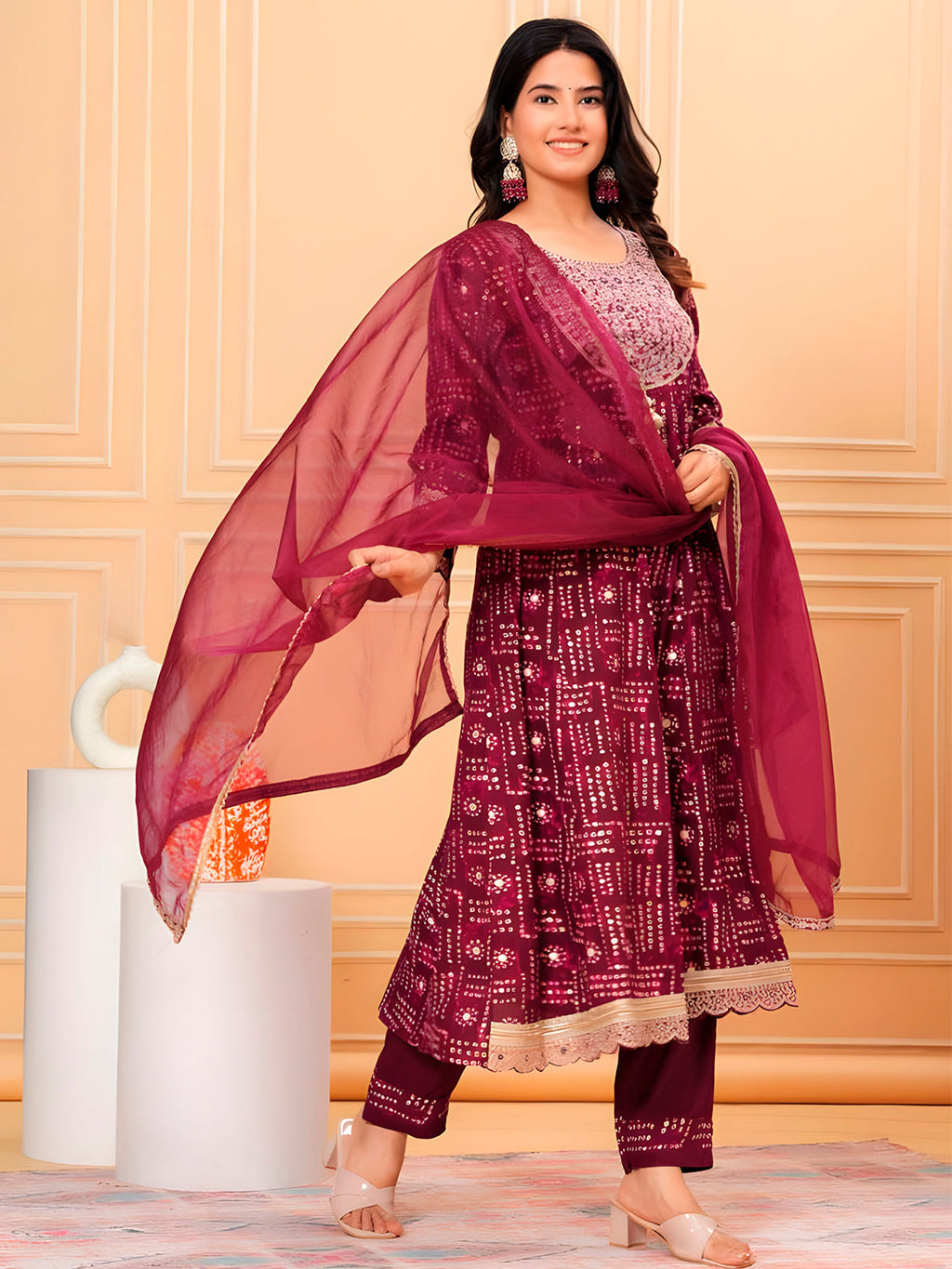 Purple Embroidered and Bandhani Printed Kurta Set