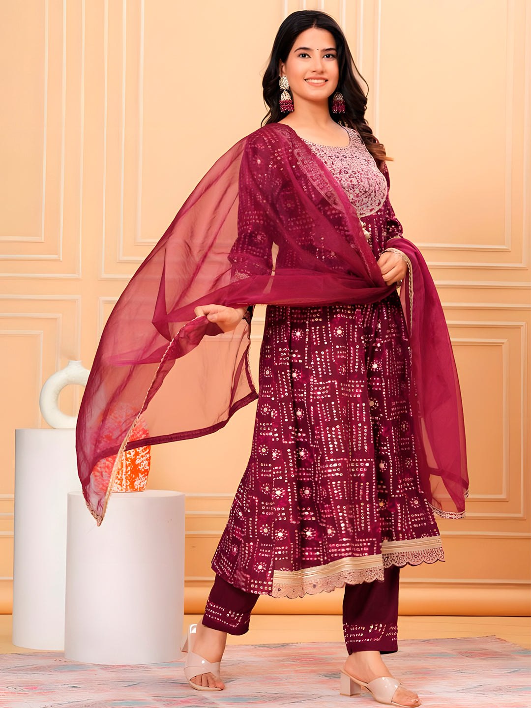 Purple Embroidered and Bandhani Printed Kurta Set