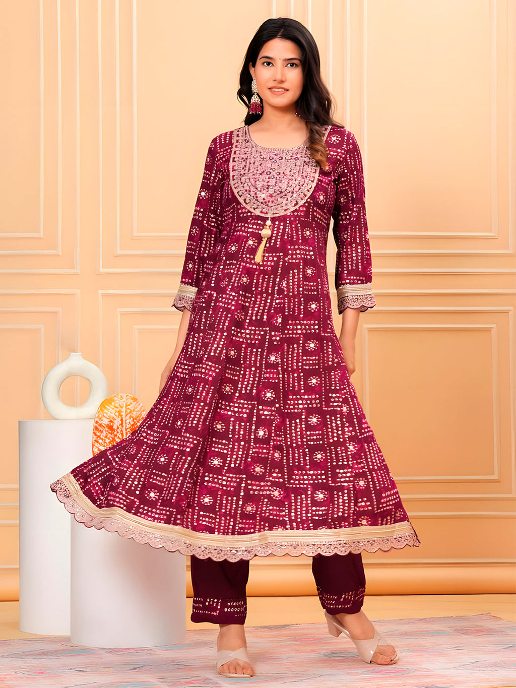 Purple Embroidered and Bandhani Printed Kurta Set