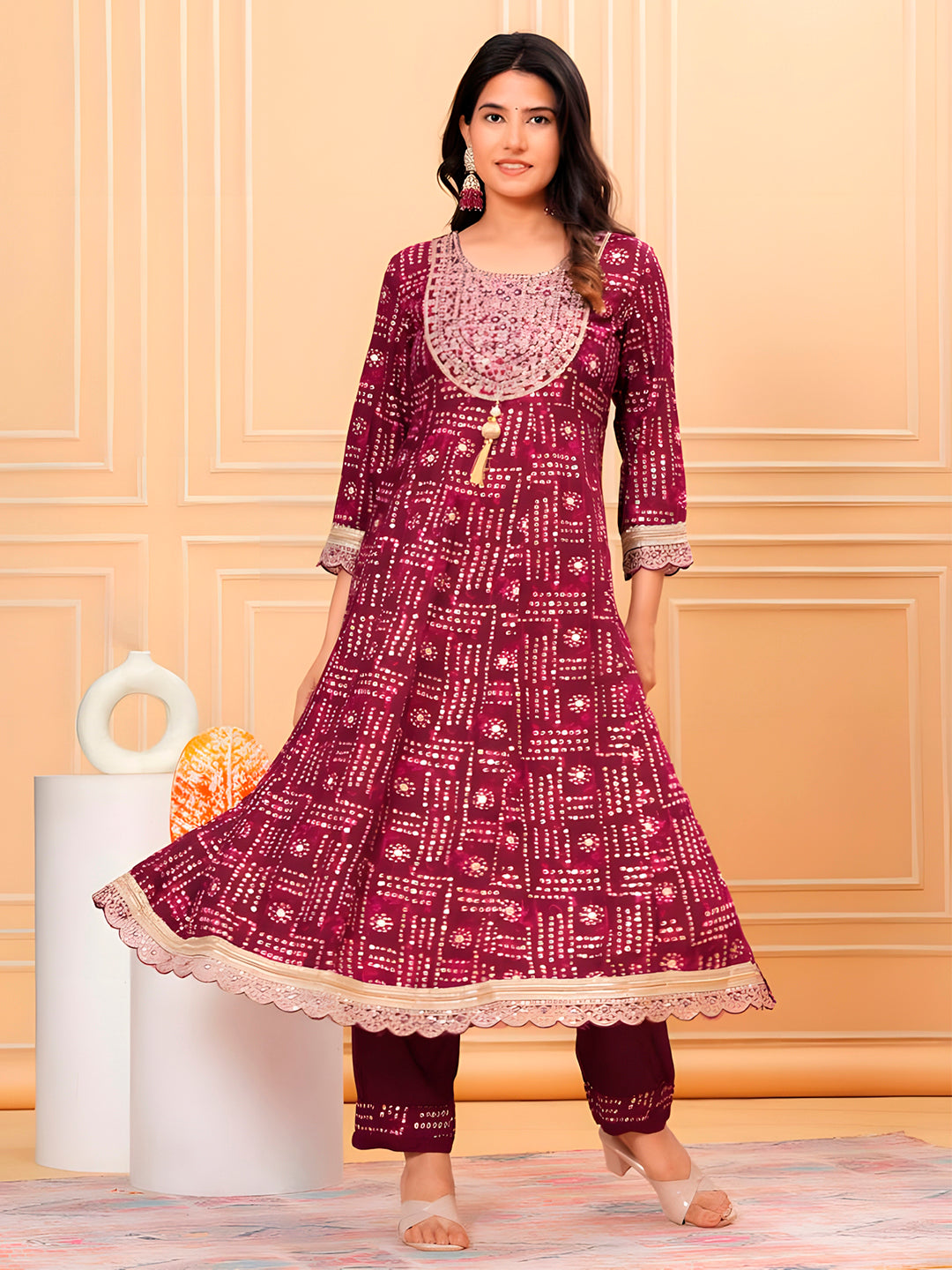 Purple Embroidered and Bandhani Printed Kurta Set