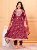 Purple embroidered and Bandhani printed rayon kurta set with pant and dupatta