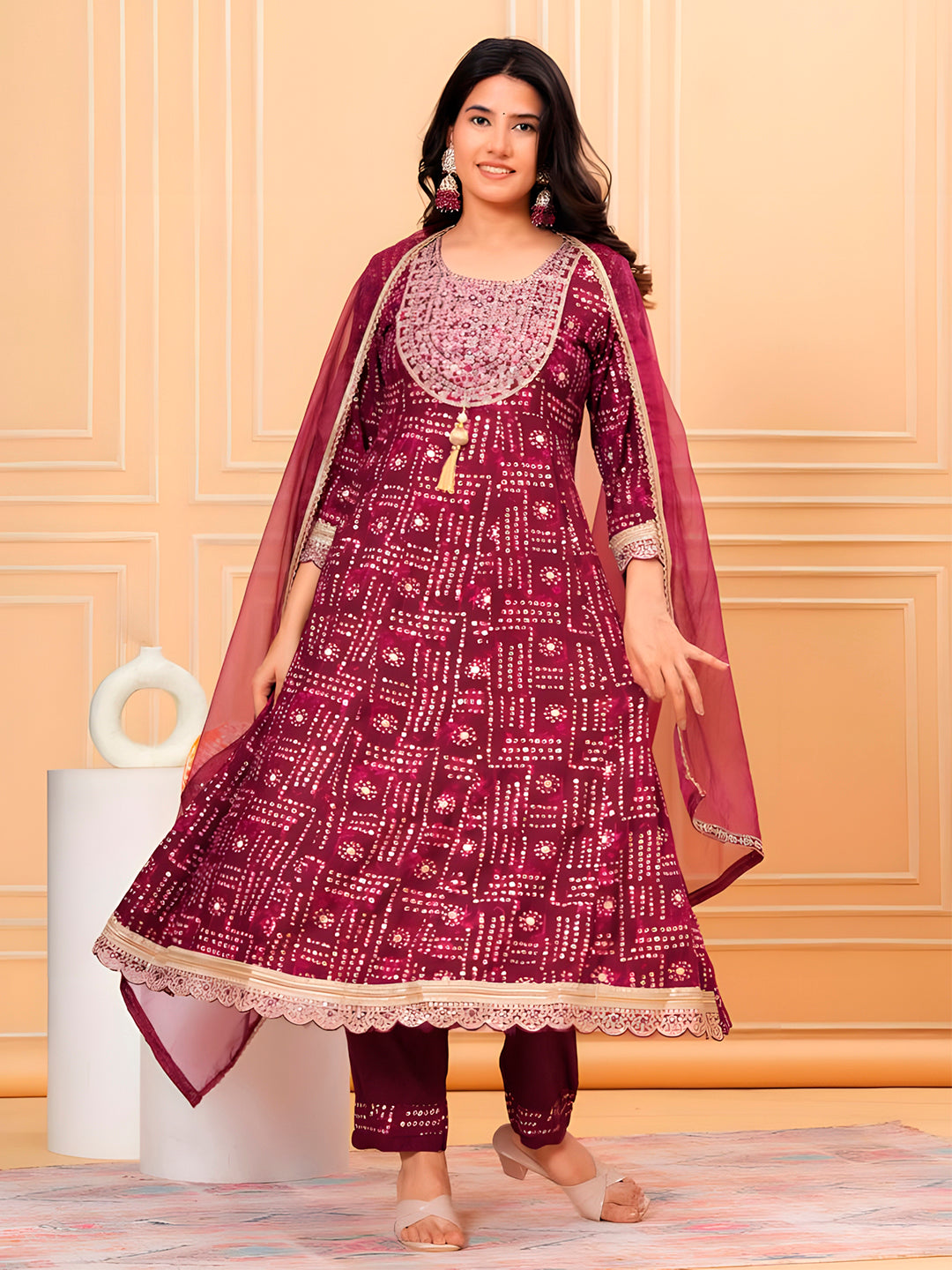 Purple embroidered and Bandhani printed rayon kurta set with pant and dupatta