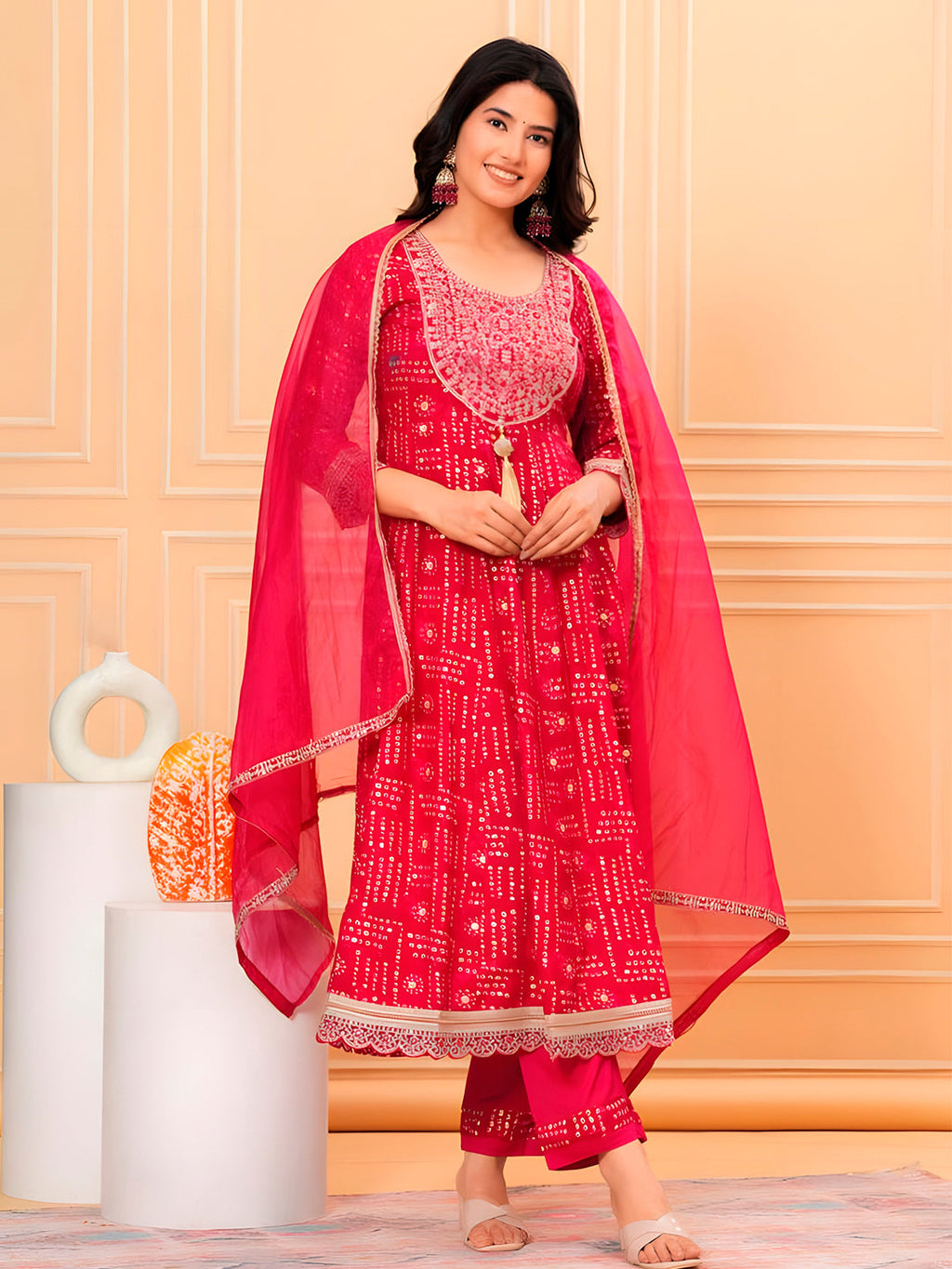 Pink Bandhani printed kurta with embroidery and matching pants