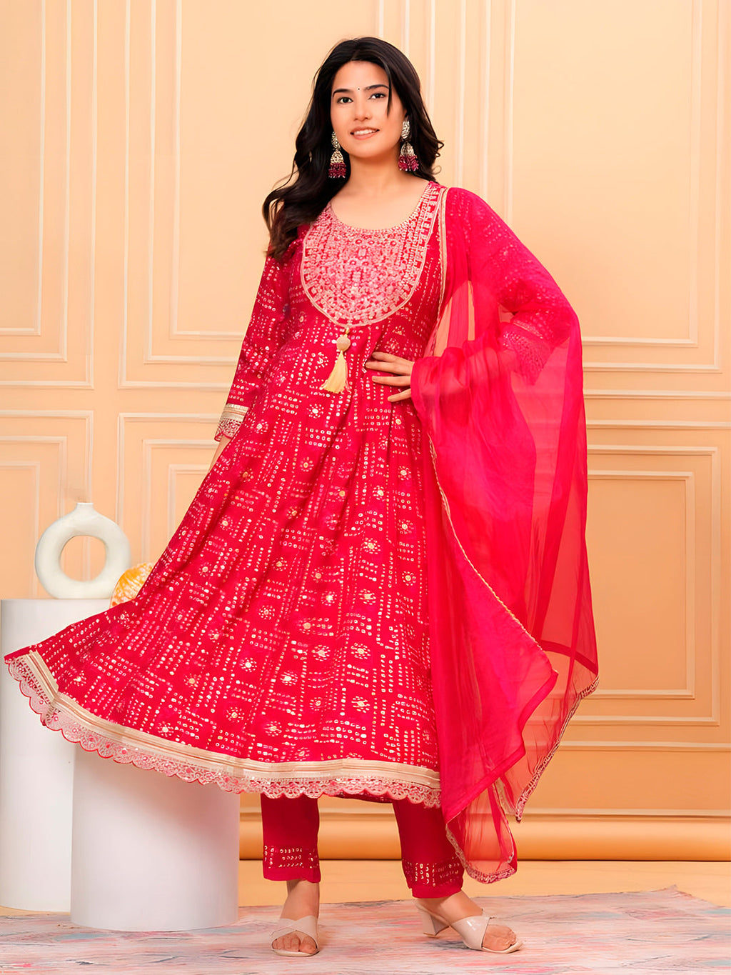 Embroidered Bandhani Print Kurta Set in Pink