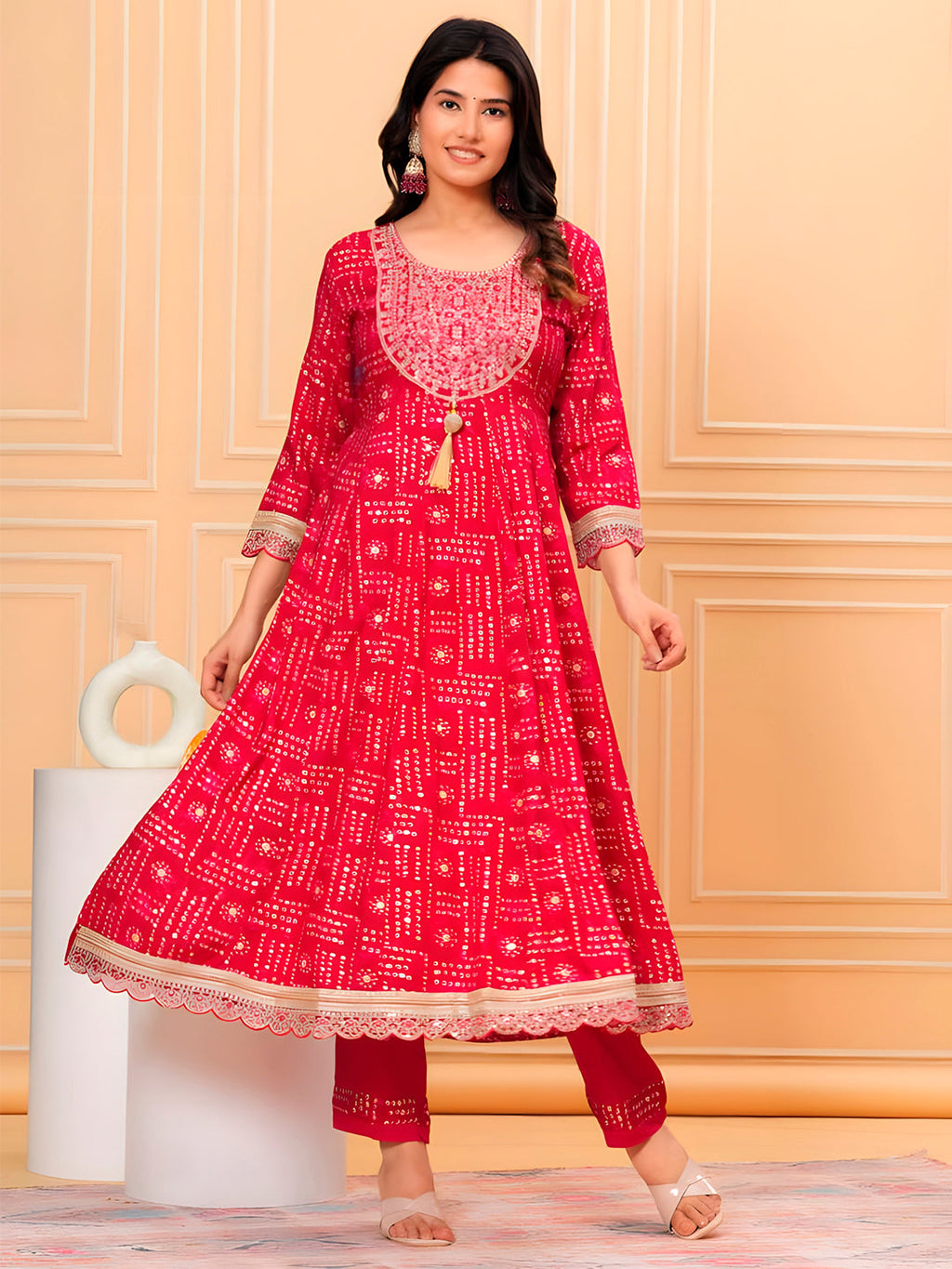 Embroidered Bandhani Print Kurta Set in Pink