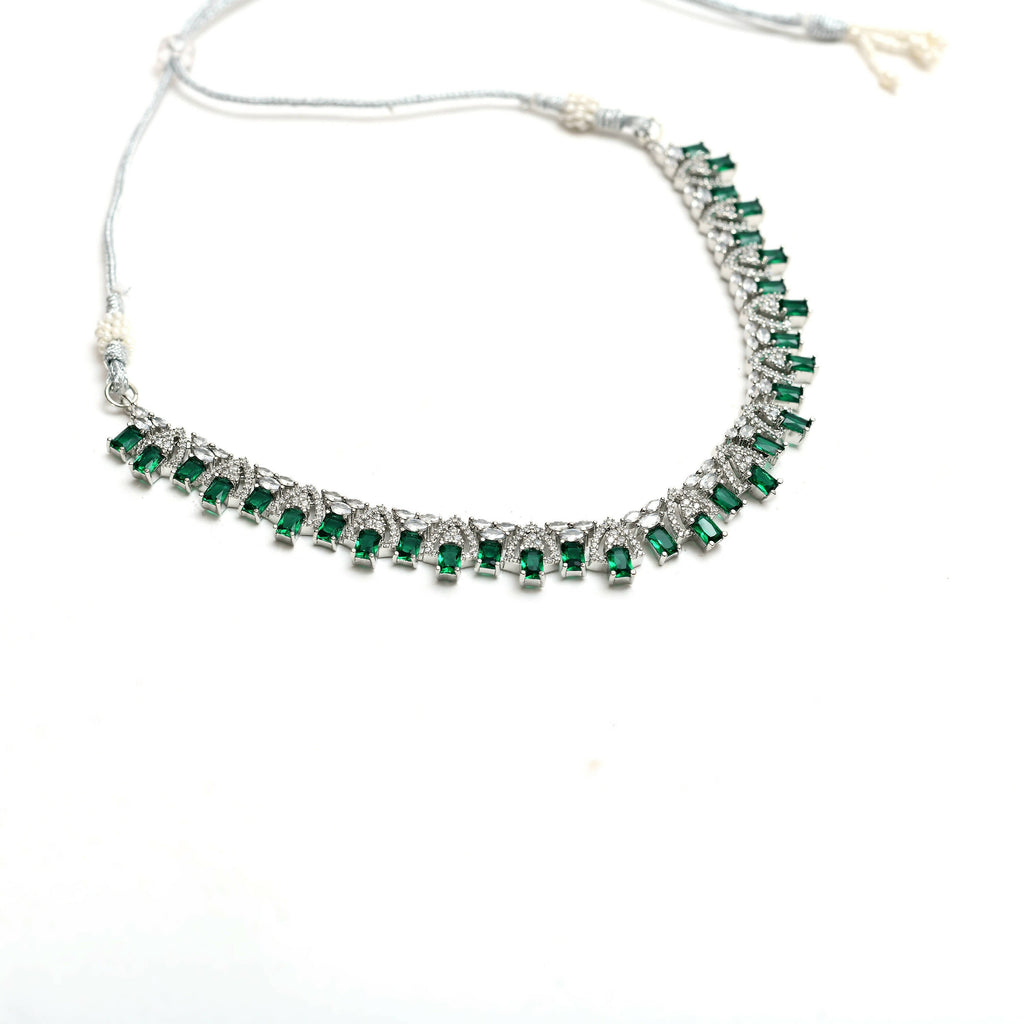 Silver-Plated American Diamond Green Choker Necklace Set